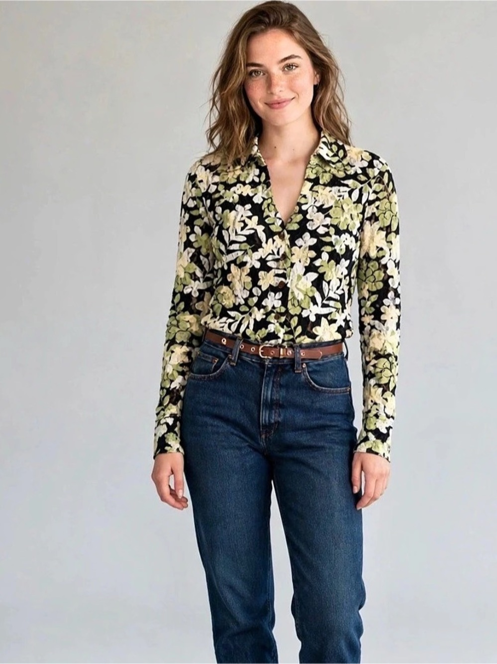 INC International Concepts Floral V-Neck Blouse in Black & Green Size S